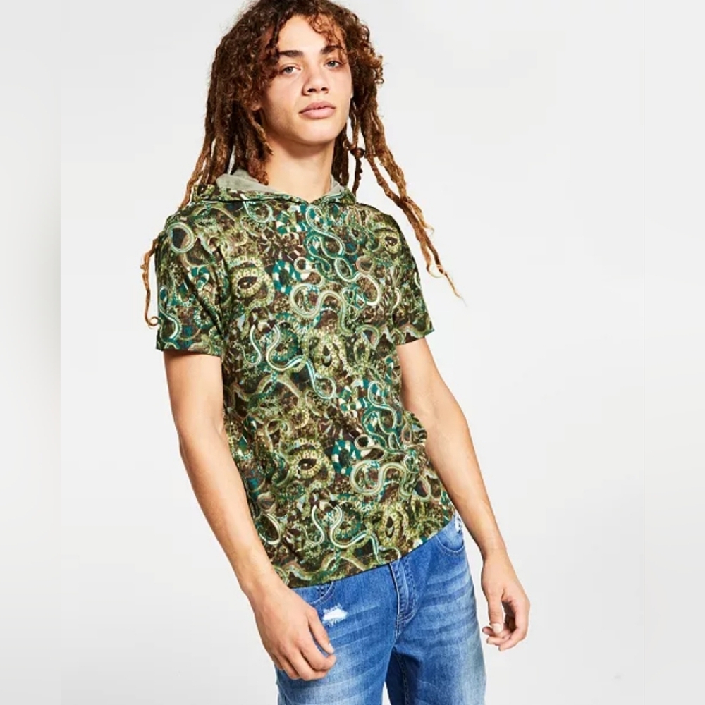 INC International Concepts Snake Graphic Hooded T Shirt Green Tea XS NWT BX-3165